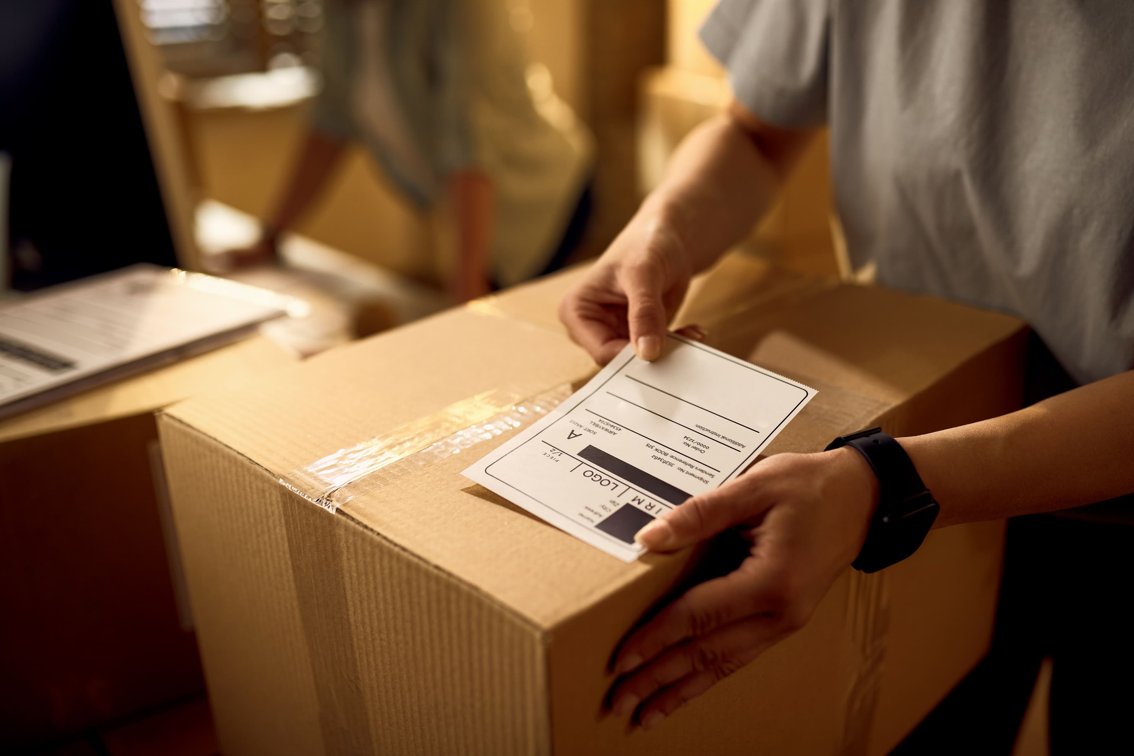 Shipping label attached to a package
