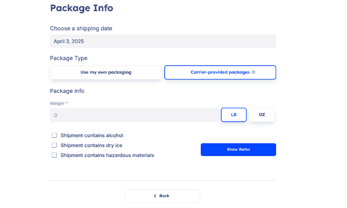 Multi-Carrier dashboard carrier-provided packages